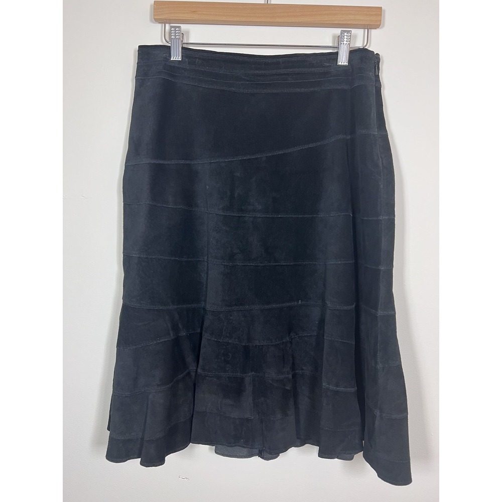 Mary Jane Marcasiano Black Suede Leather Midi Skirt Size 6 Paneled Tiered Y2K